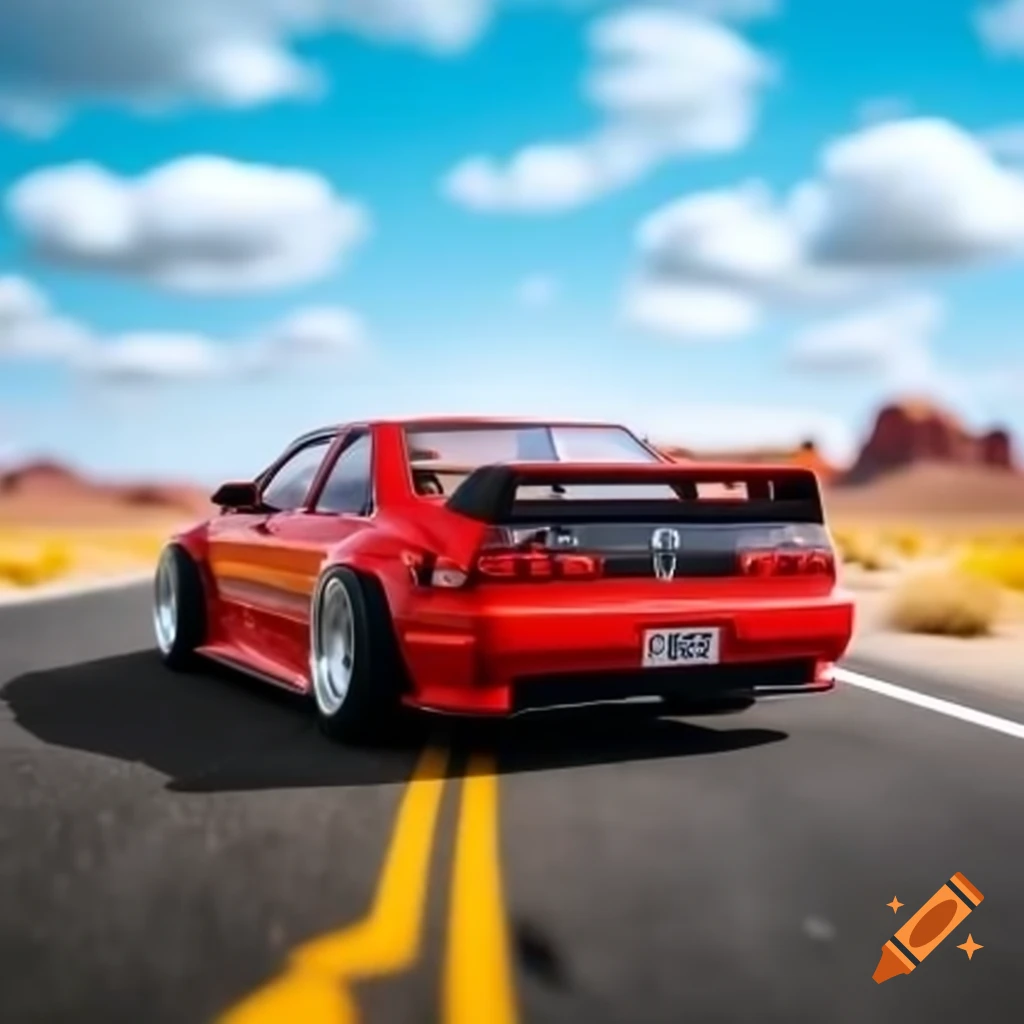 Toy red M3 E36 driving through desert against blue sky