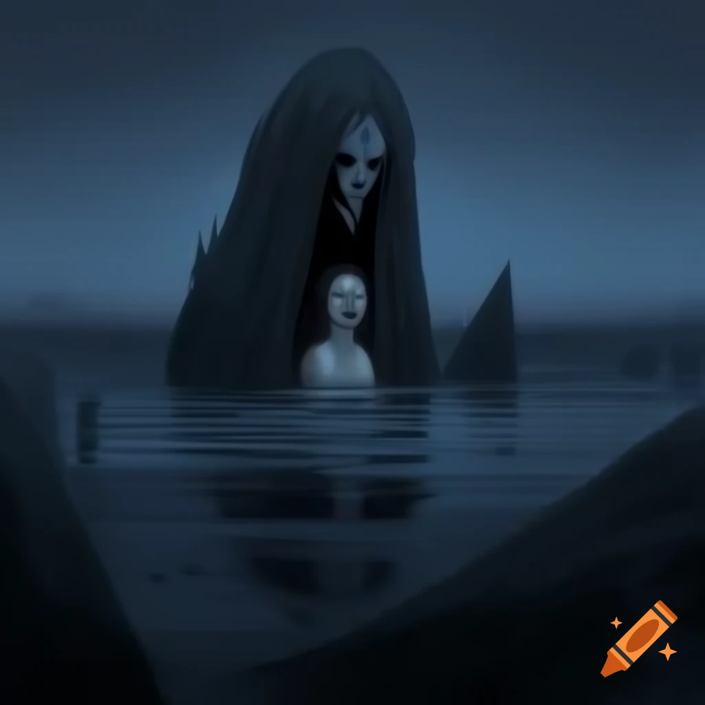Gothic world with mythological creatures by ancient sea in twilight