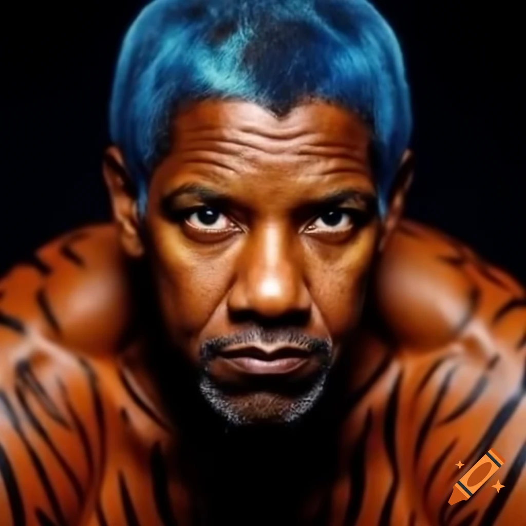 Muscular figure with tiger-style makeup featuring blue hair and orange skin