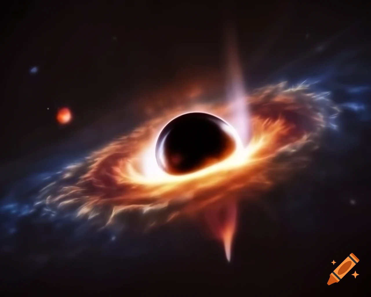 Realistic depiction of a black hole in star-filled space with artistic raytracing and lens flare