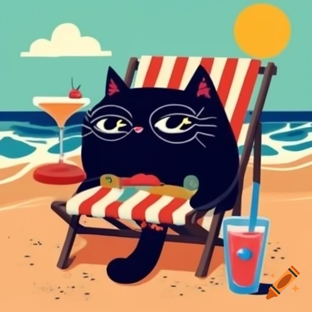 Cartoon black cat relaxing in beach chair with cocktail