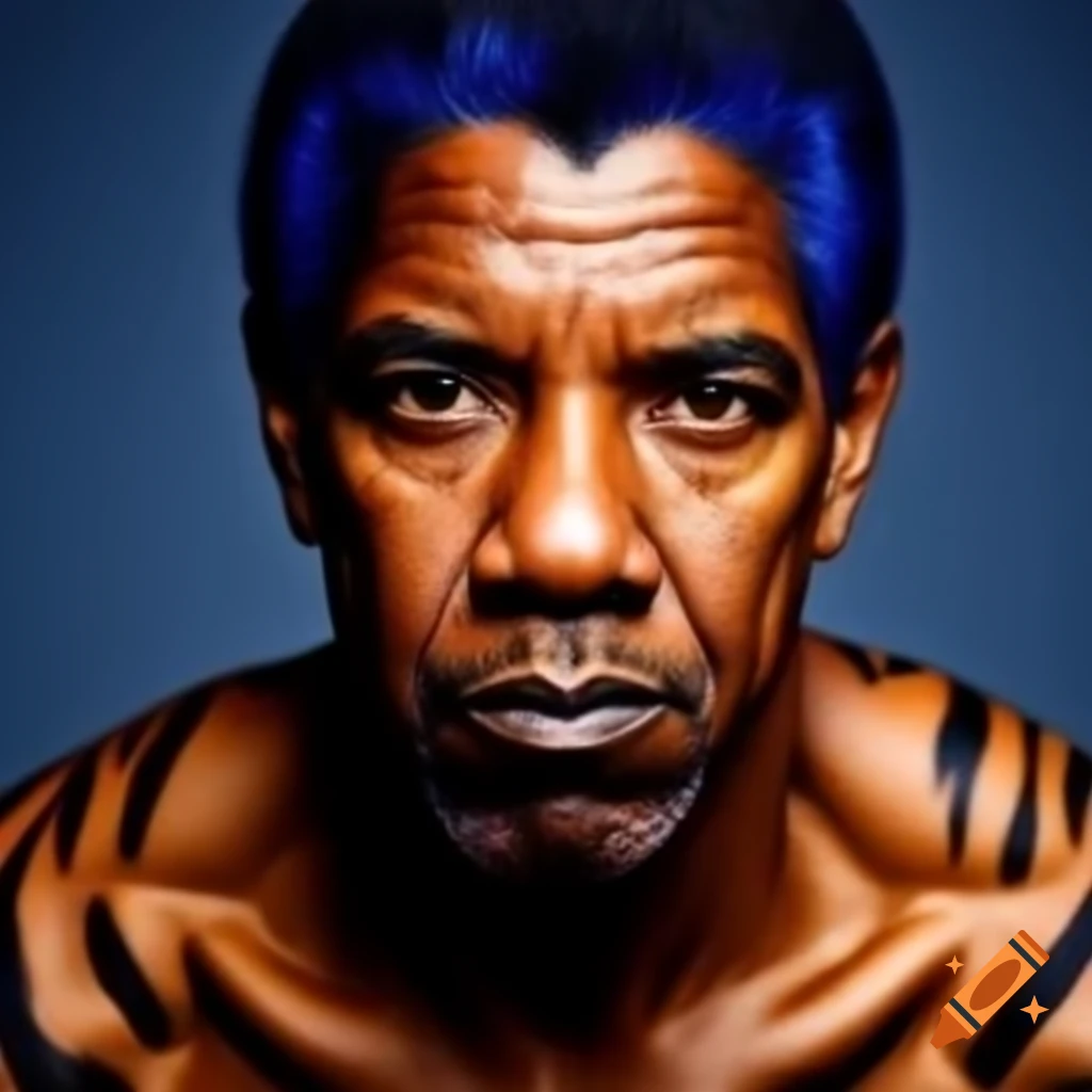 Muscular figure with tiger makeup featuring blue hair and orange skin