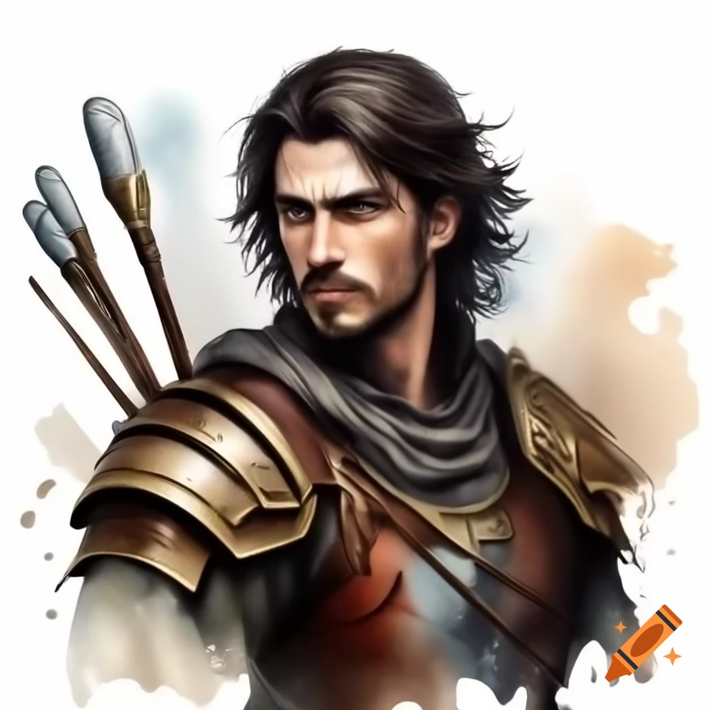 Noble human warrior Kael Goldvale with dark brown hair and piercing blue eyes in rugged armor