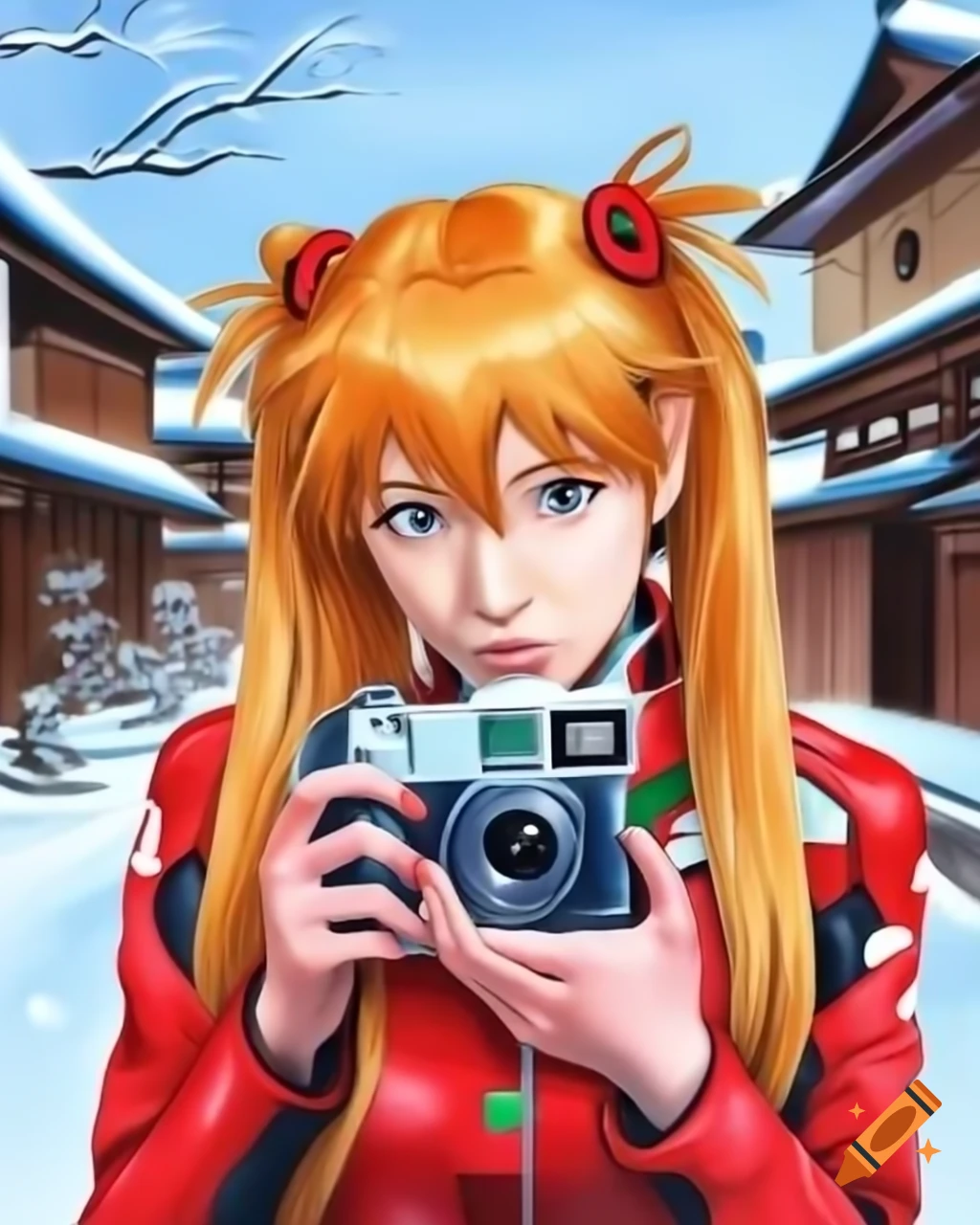 Asuka langley cosplay actress in snowy japanese town holding polaroid