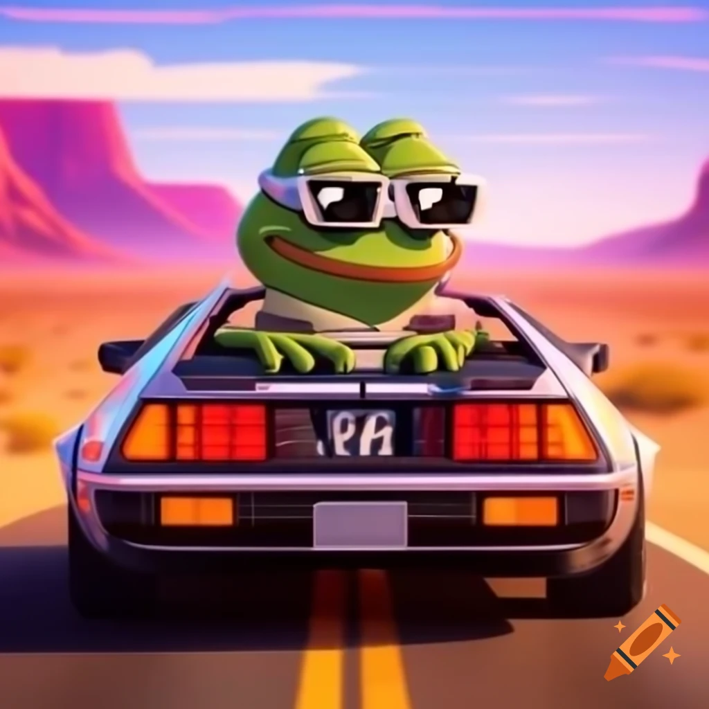Pepe the frog in DeLorean on desert road at sunset, 1980s retrowave aesthetic
