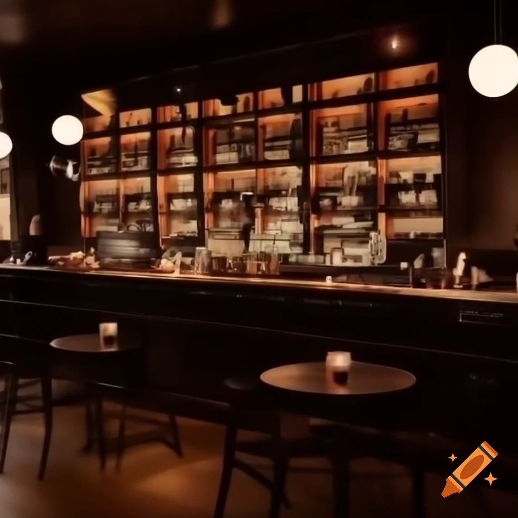 Romantic bar with dim lighting, red wine glass and peanuts on table