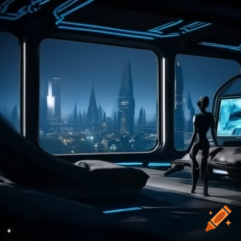 Interior of sci-fi luxury apartment with humanoid looking out at alien city with blue lights at night