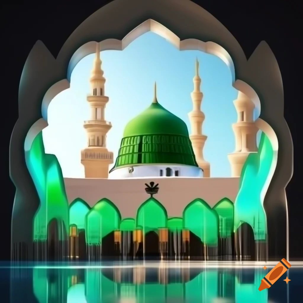 Vector illustration of Madinah Sharif crystal glass design featuring green dome of Holy Mosque