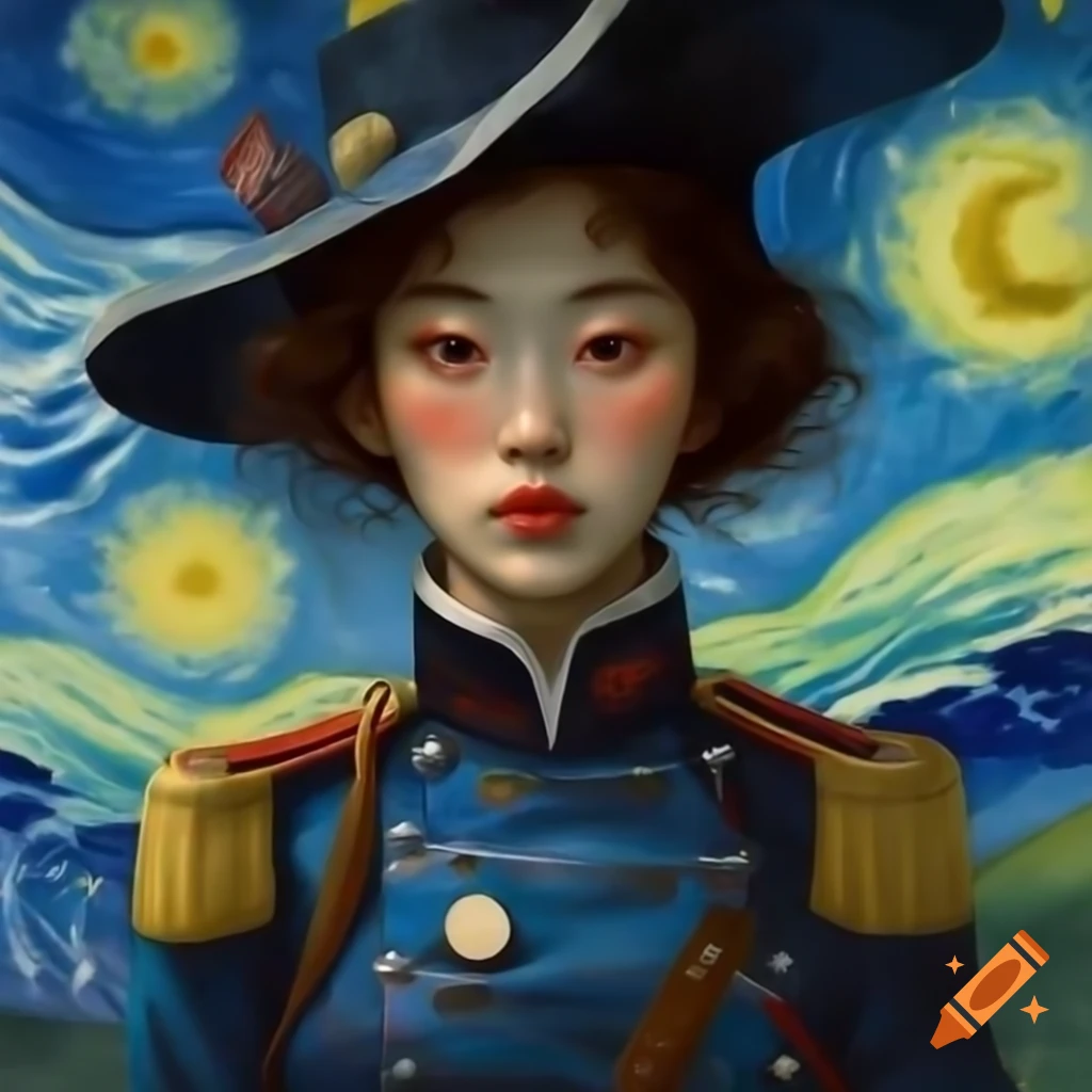 Portrait of Korean woman in military uniform, animated style with watercolor and Van Gogh influences