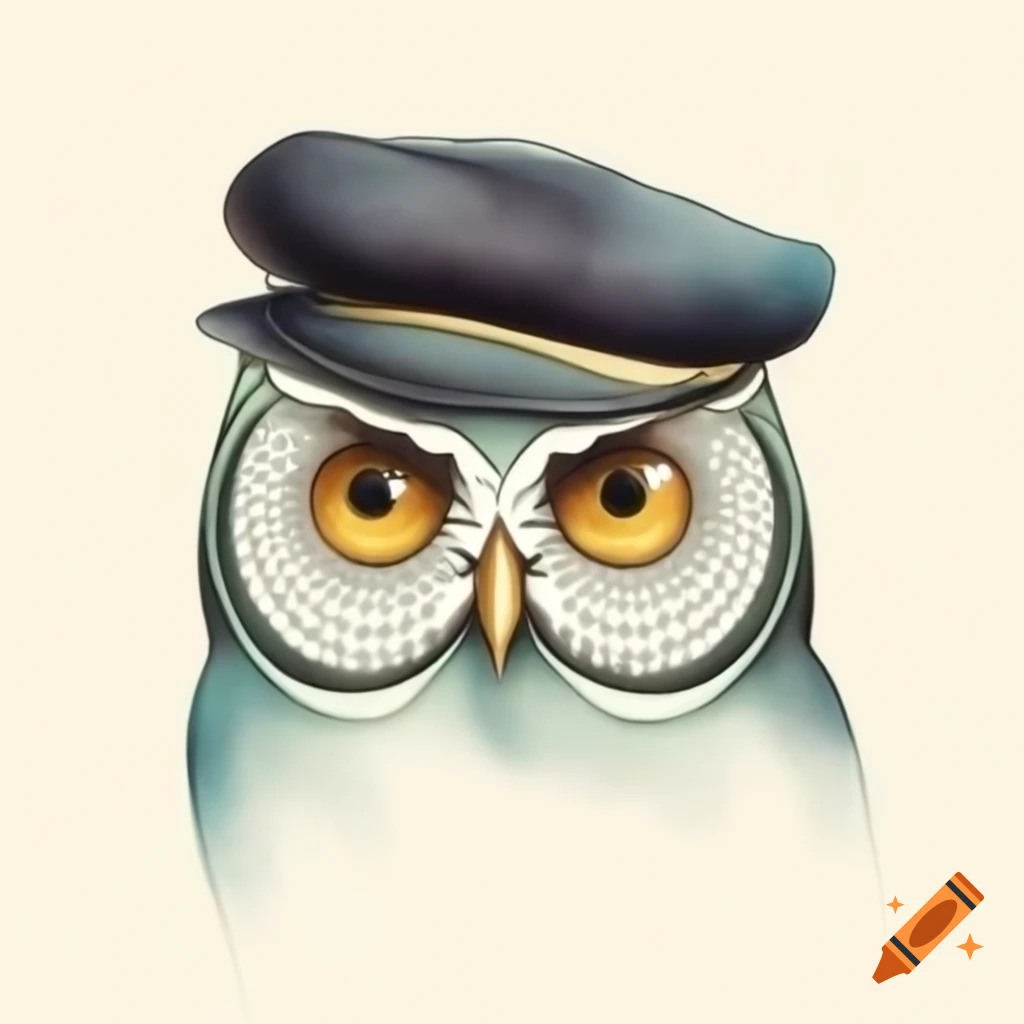 Elegant grumpy owl in beret, Alphonse Mucha art nouveau style