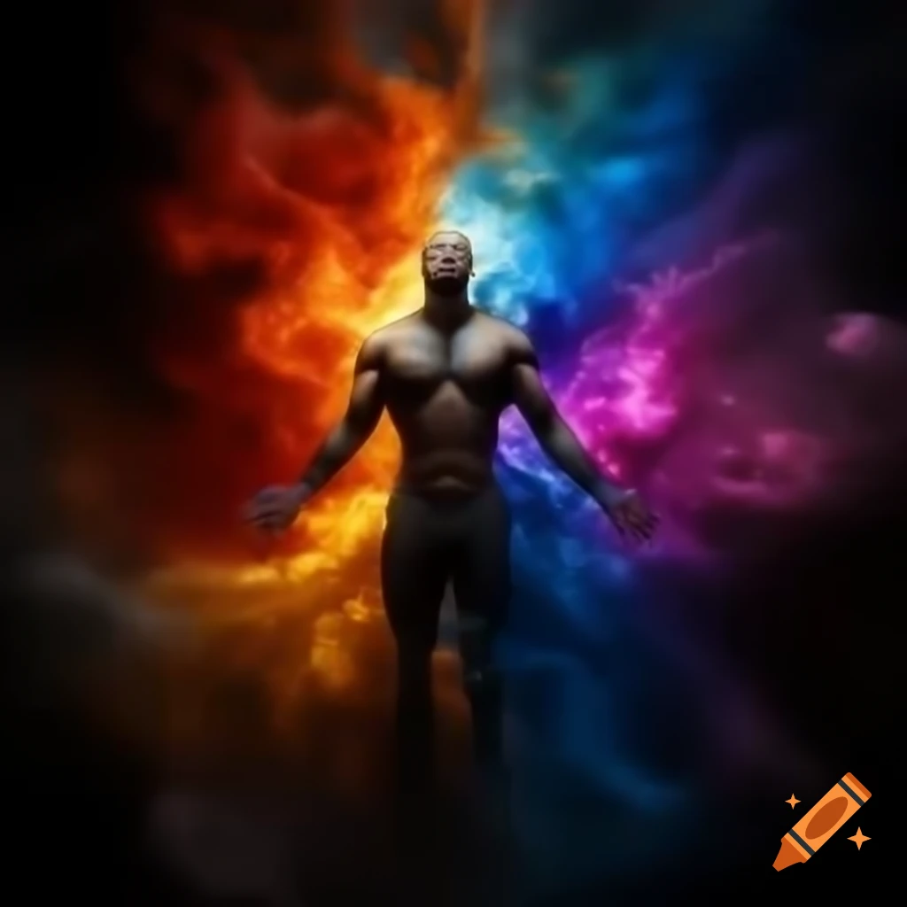 Gender-neutral figure surrounded by vibrant energy, expressing weariness