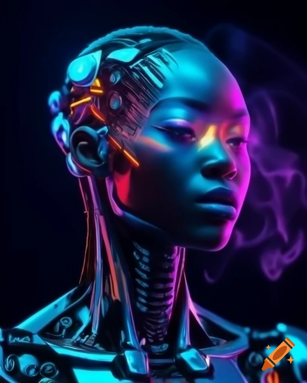 Cyborg portrait with hypnotic gradients and neon luminescence