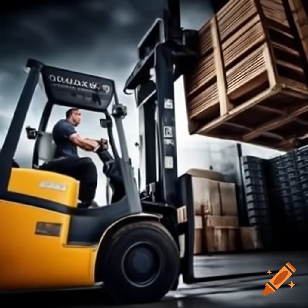 Forklift driver lifting pallet in bright warehouse