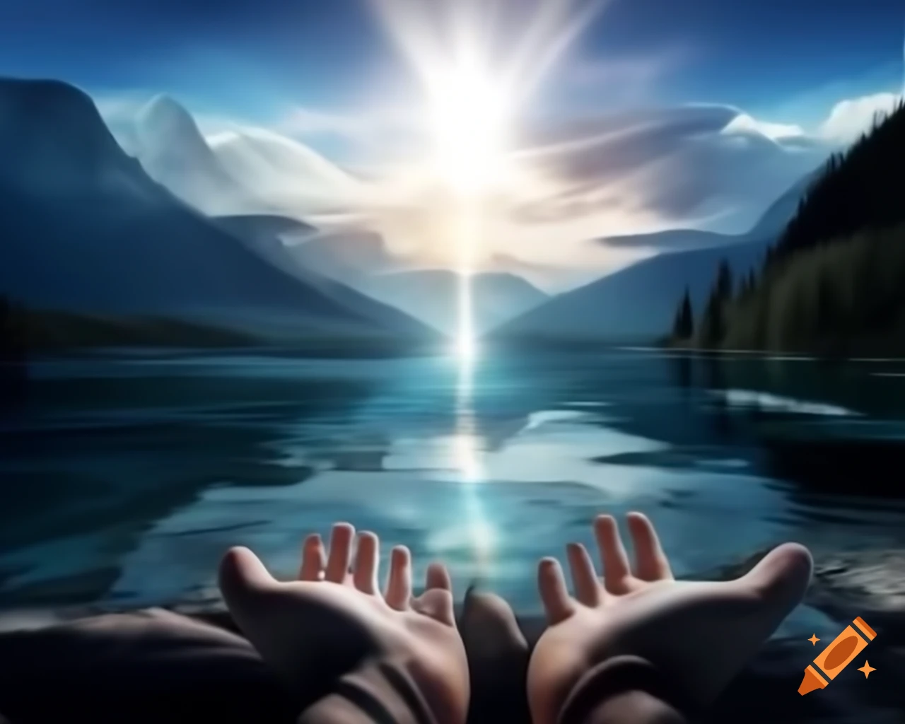 Majestic mountains with tranquil crystal-clear lake at their feet