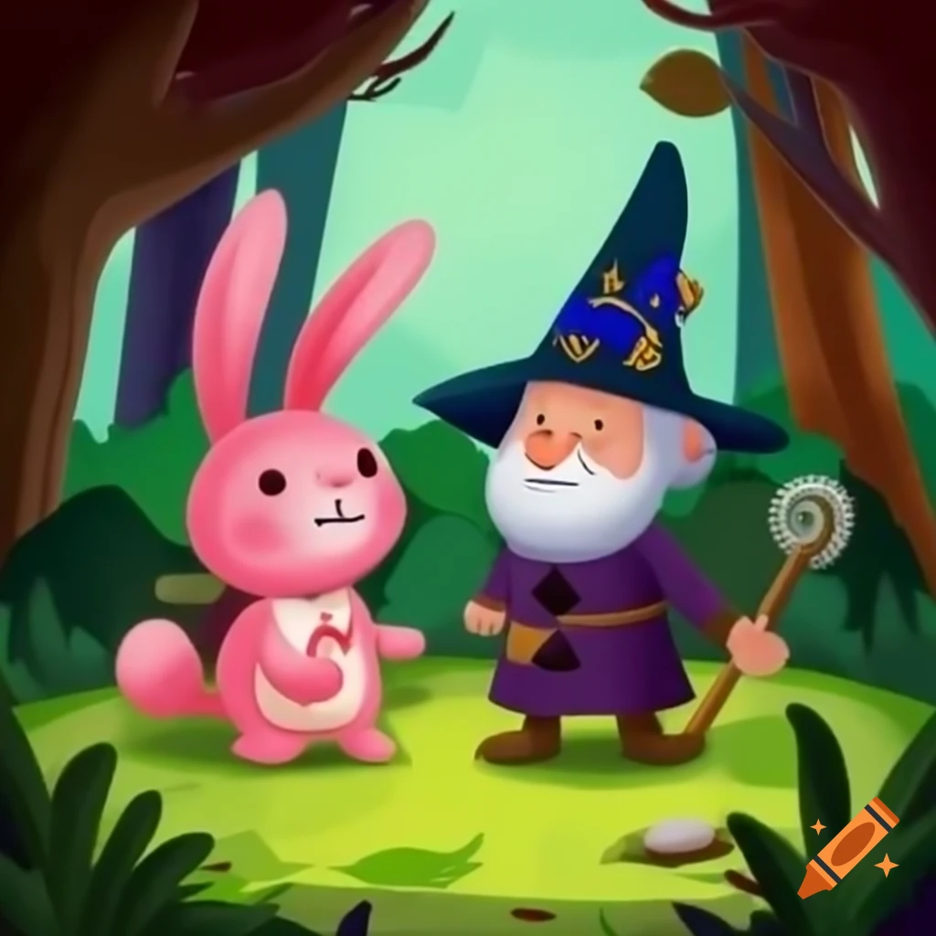 Pink rabbit meeting old wizard in forest