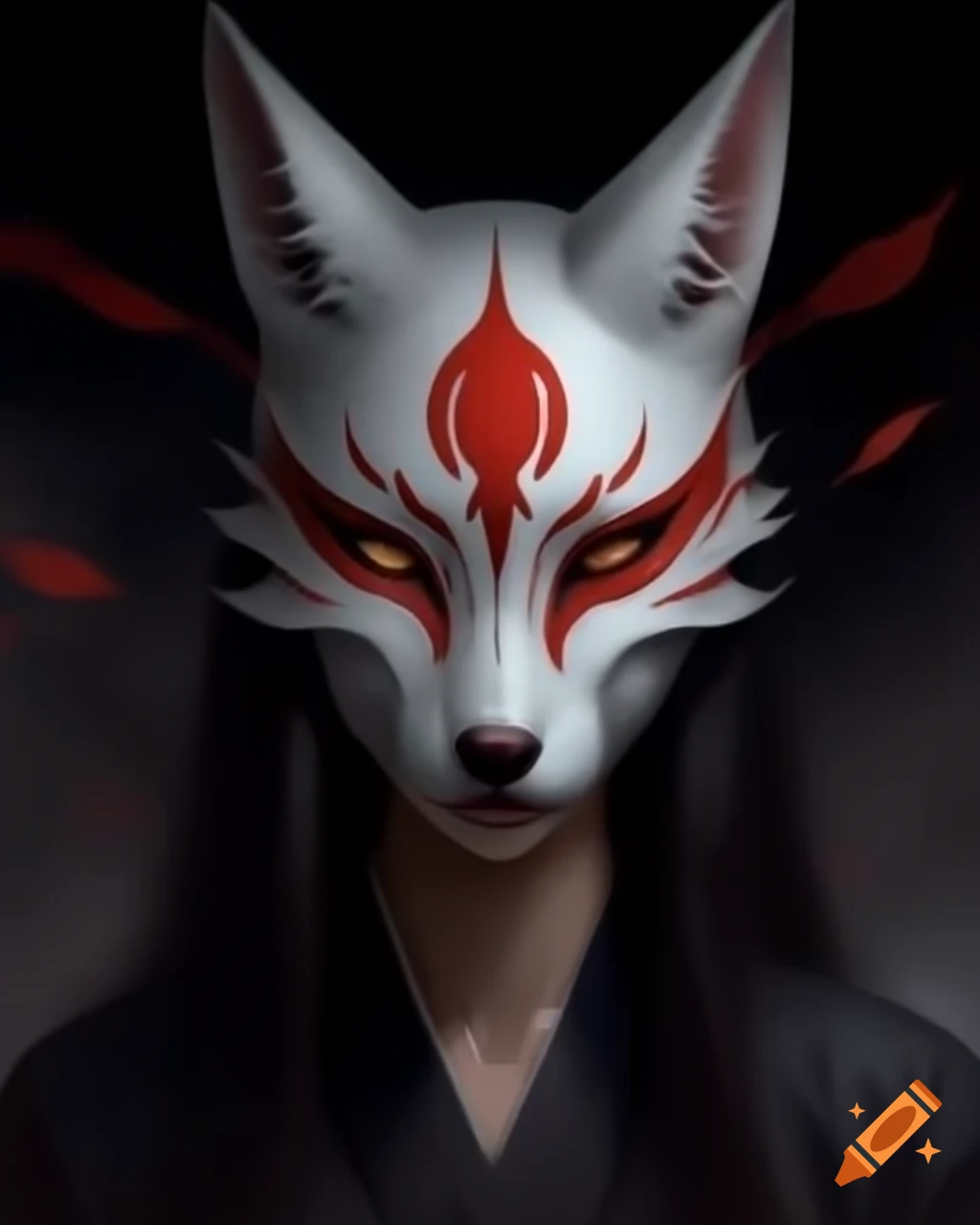 Asian woman in kitsune mask with dark themed elements