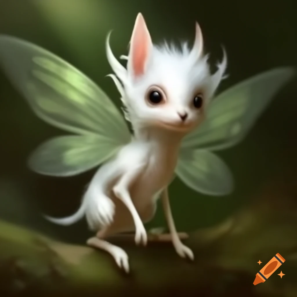 Tiny fairy with wild white hair and dog ears in forest dress