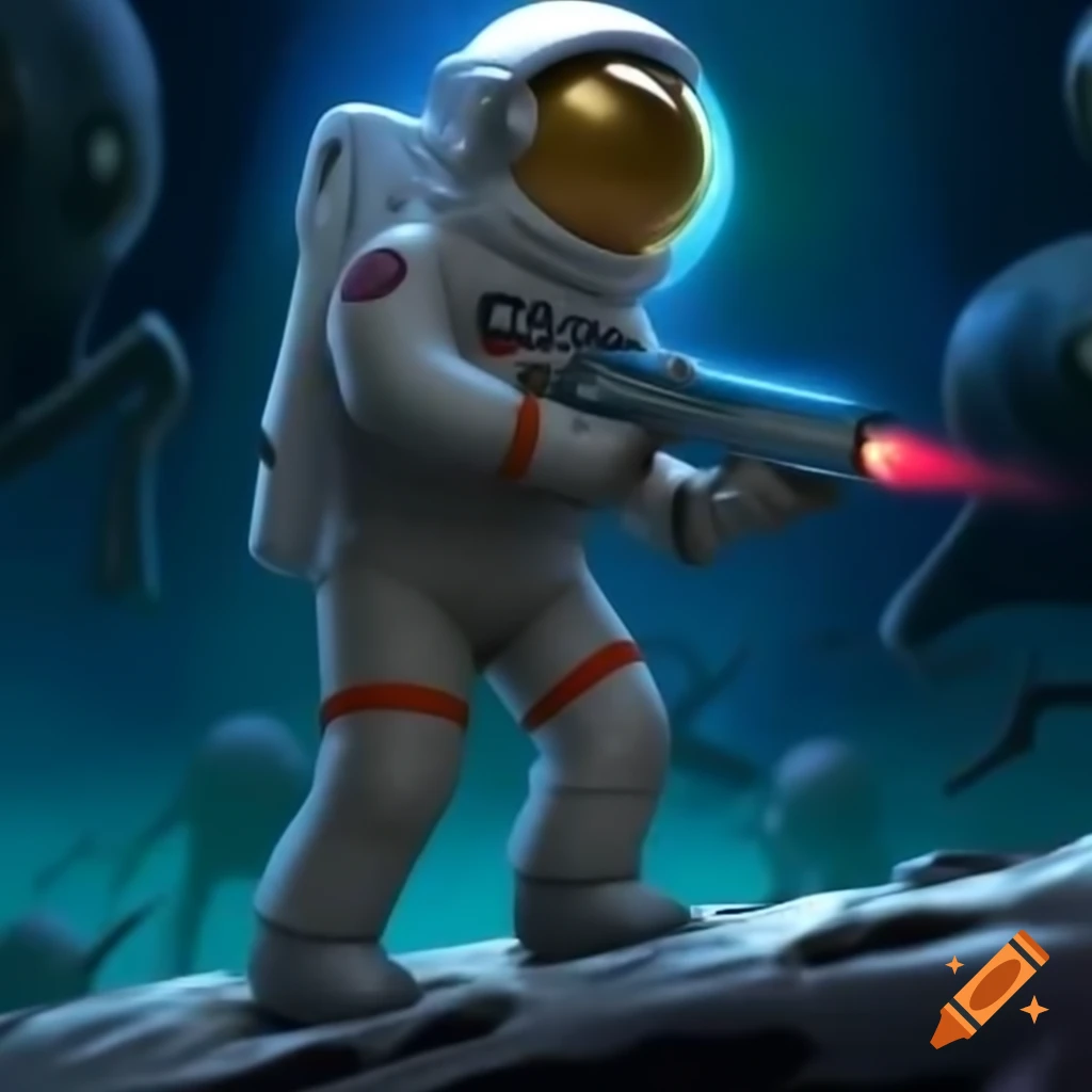 Astronaut shooting at aliens in outer space