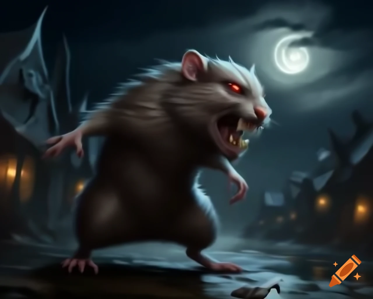 Monstrous hamster with sharp teeth looming over village under moonlight