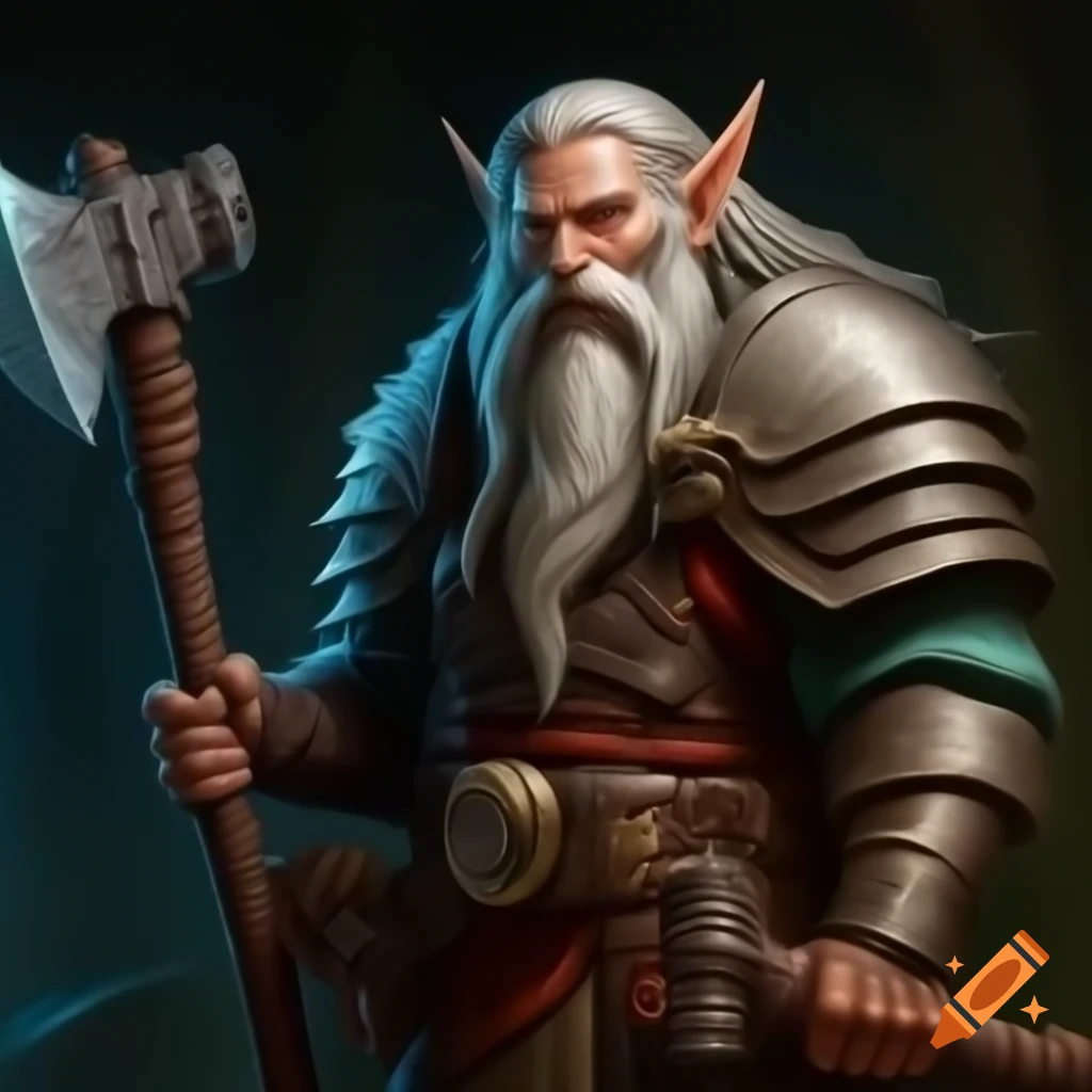 Pathfinder character aiuvarin dual wielding dwarven hammer and elven scimitar