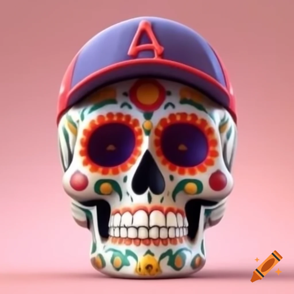 Vibrant Día de Muertos sugar skull with baseball cap featuring 'H'