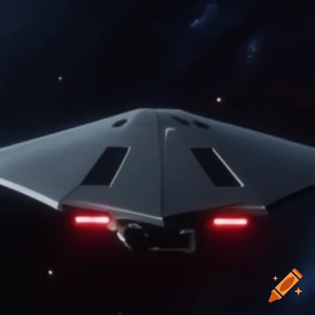Dark angular UFO in space with red lights