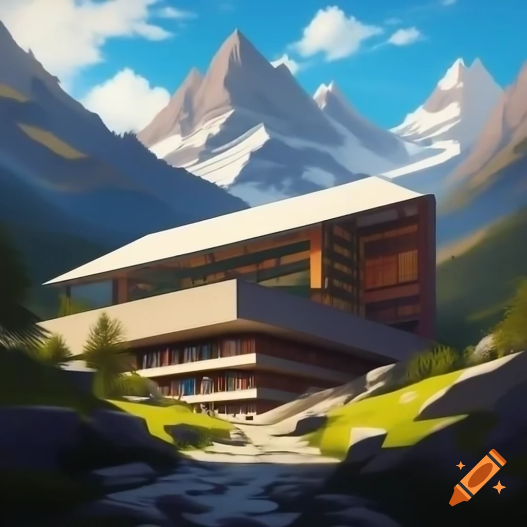 Realistic modern art of a claustrophobic library in mountains