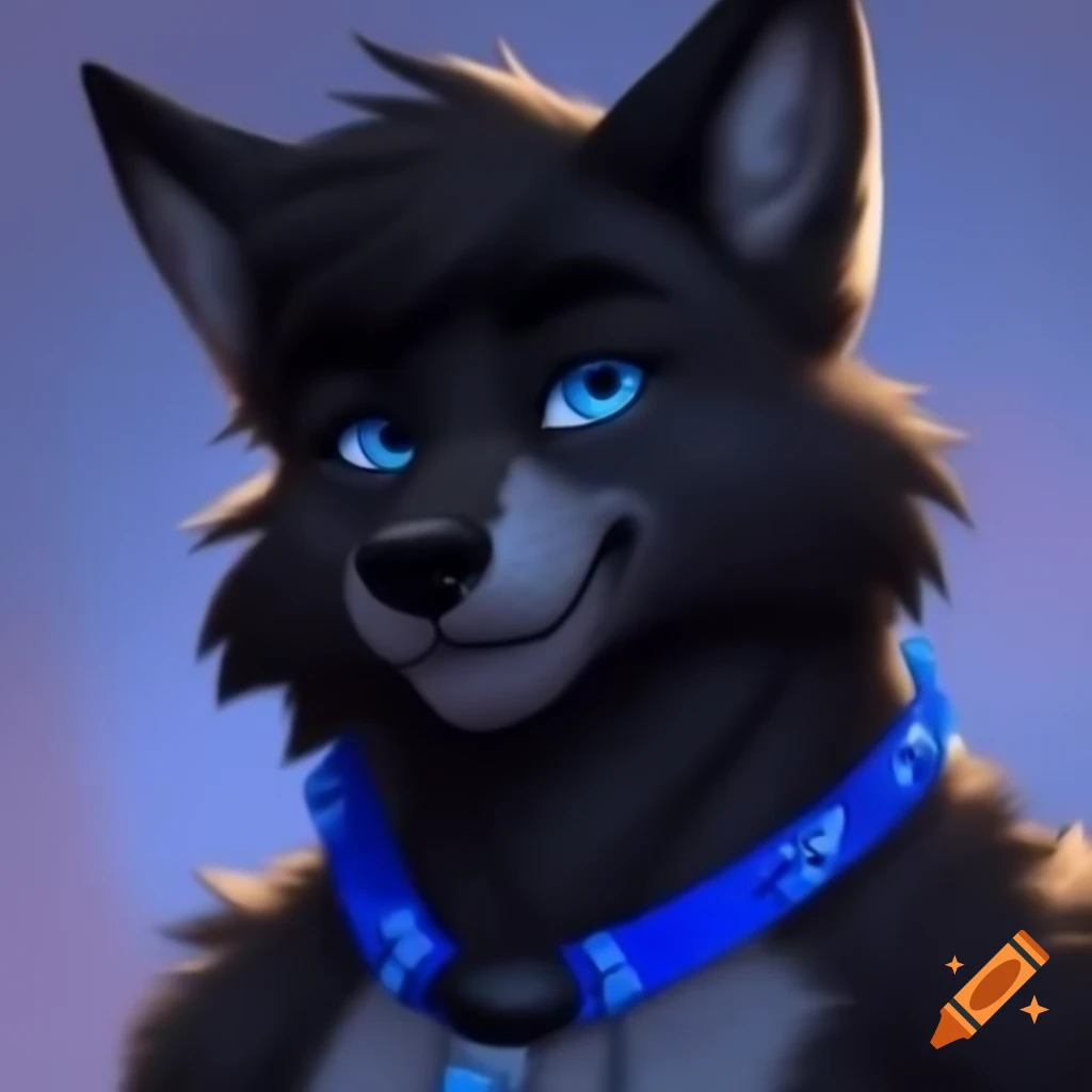 Anthro black wolf with blue eyes and harness, smiling toony style