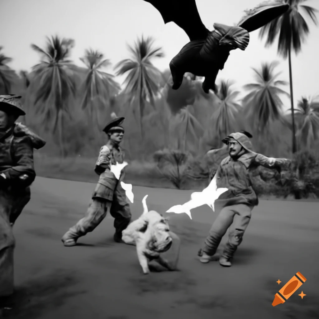 Pokémon in fictional battle scenario set in Vietnam war jungle, 1960s style