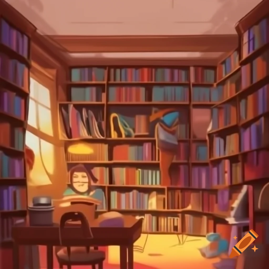 Cozy library illustrated in a warm and inviting style