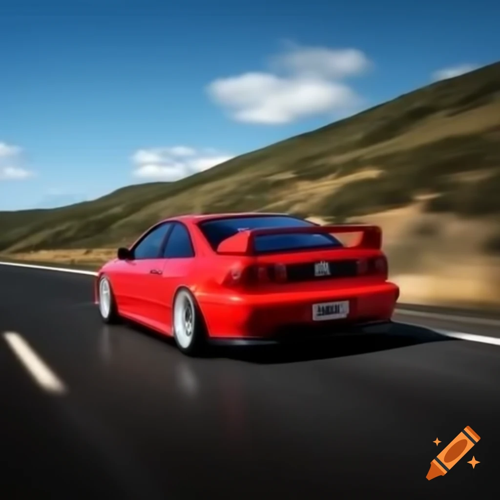 Toy red M3 E36 driving through hilly landscape