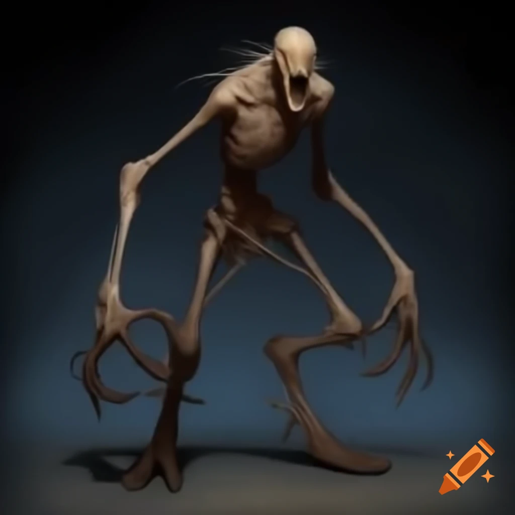 Description of a tall, emaciated figure with pale, bruised skin