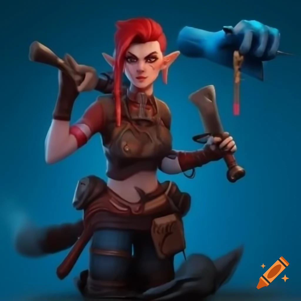 Hyper realistic halfling arcane trickster rogue with red hair and dual daggers, blue ethereal hand in background
