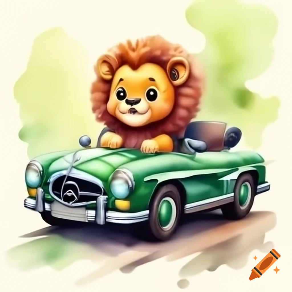 Cartoon baby lion driving green Mercedes car