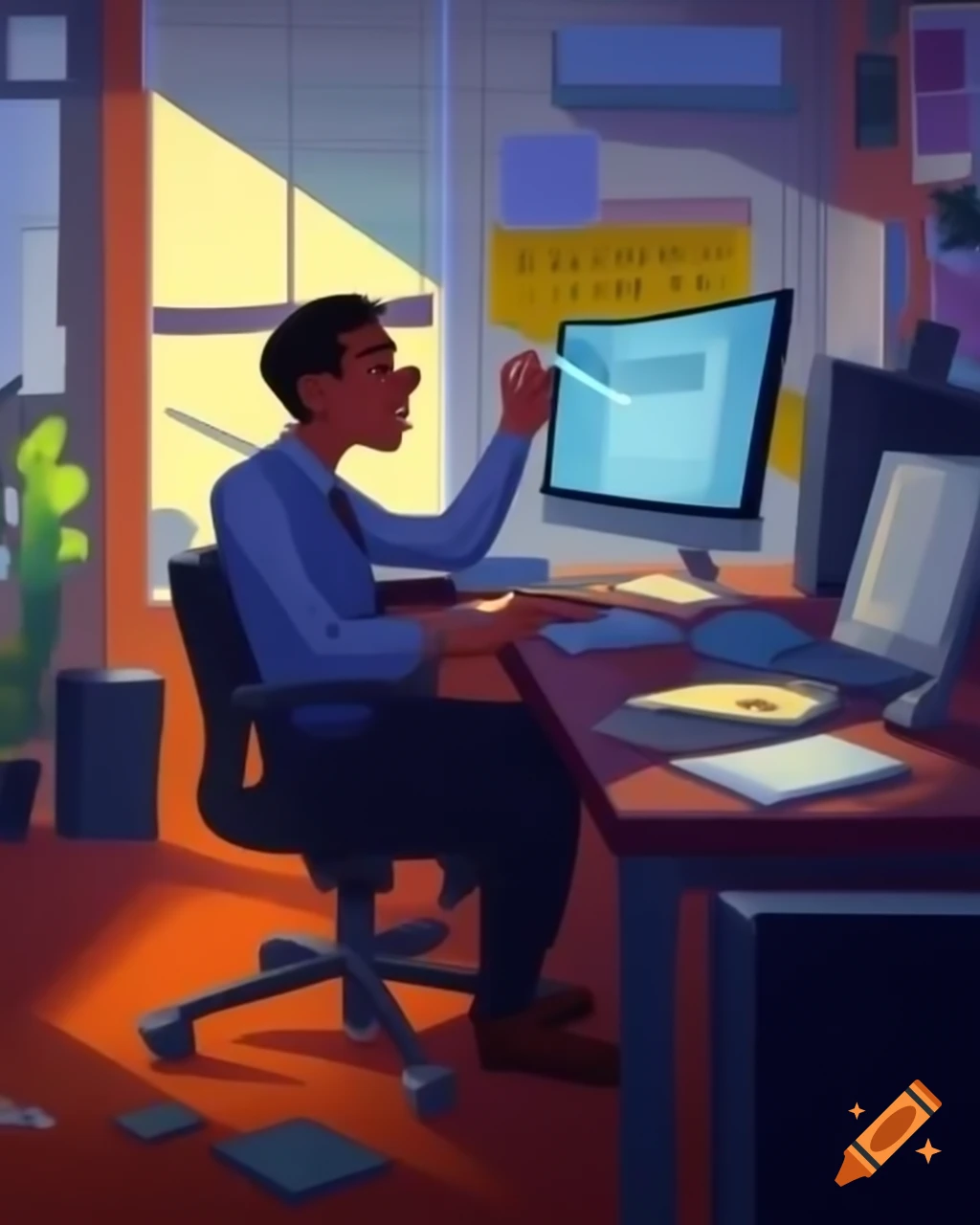 Focused employee in modern office working intensely at desk