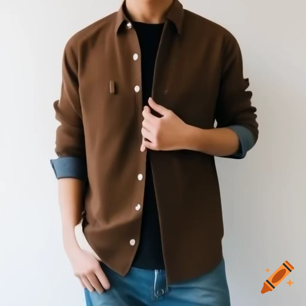 Male fashion with brown buttoned shirt over black t-shirt and dark blue jeans
