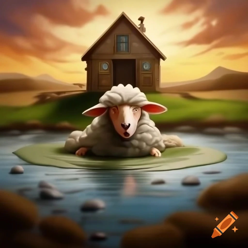 Chalk art of emotional sheep in vibrant building by river at sunrise