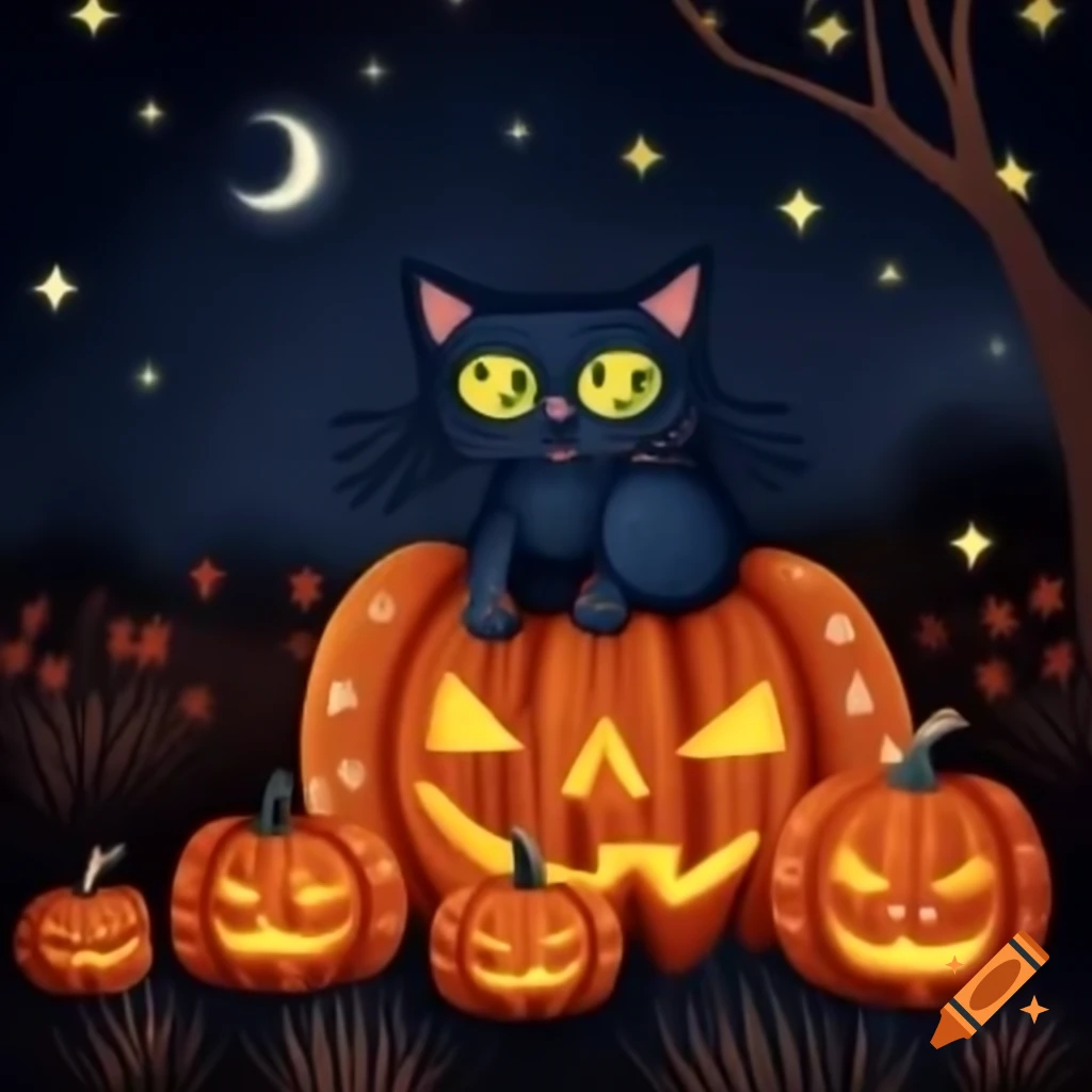 Cat among Van Gogh style starry night with pumpkins