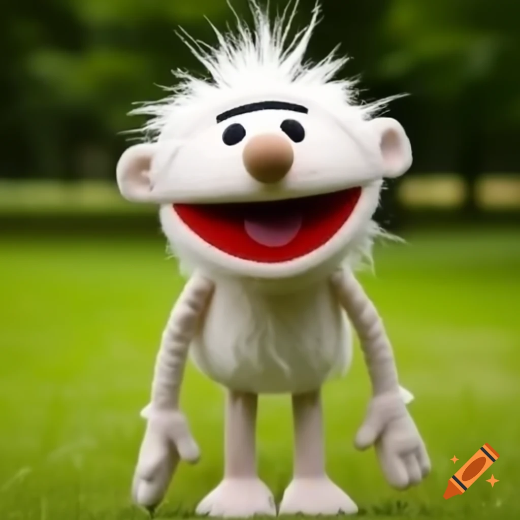 Smiling white puppet with sewn shut mouth in park beside cockroach