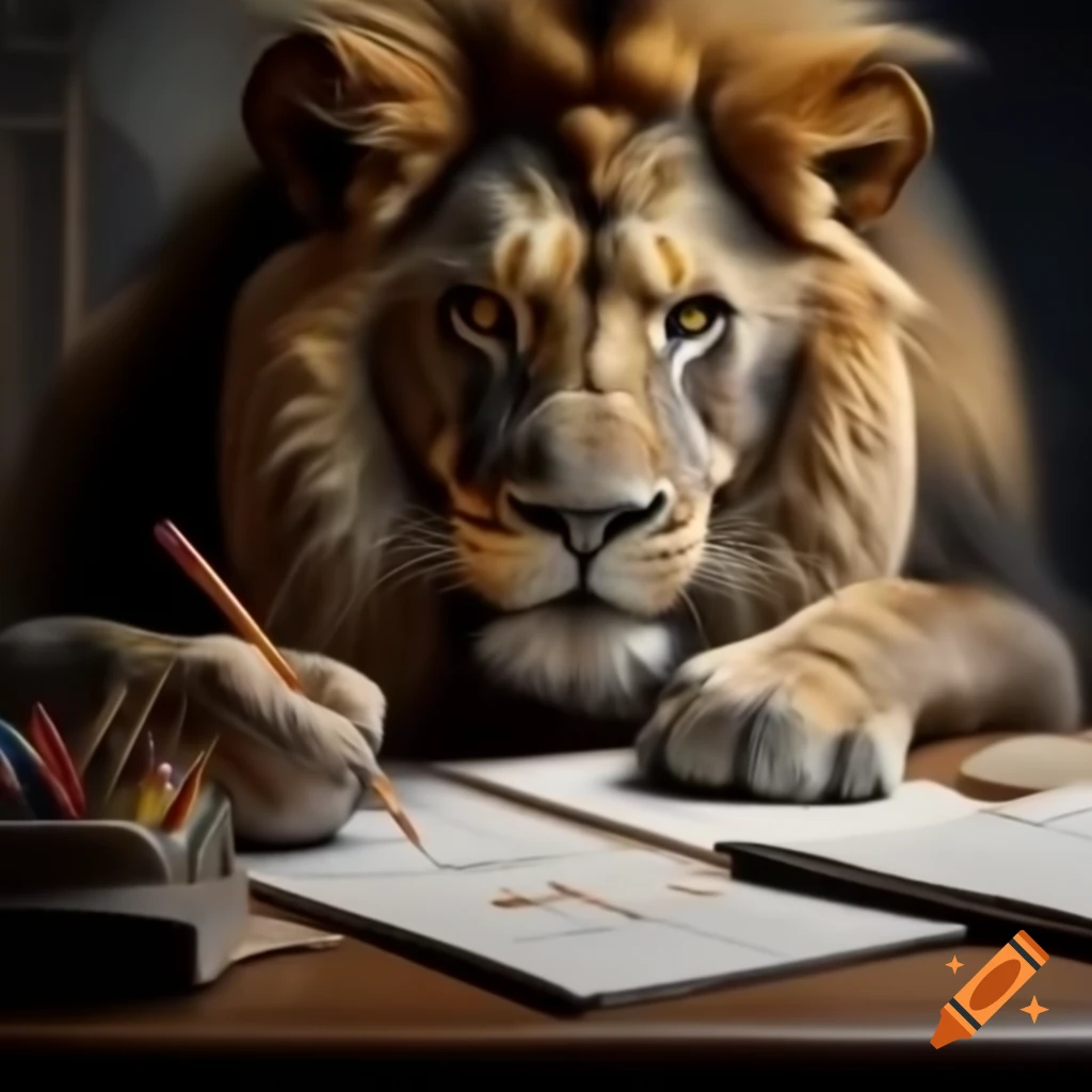 Lion engaged in solving a math problem on craiyon