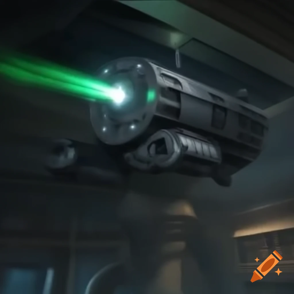 Metal turret with laser weapon hanging from ship ceiling