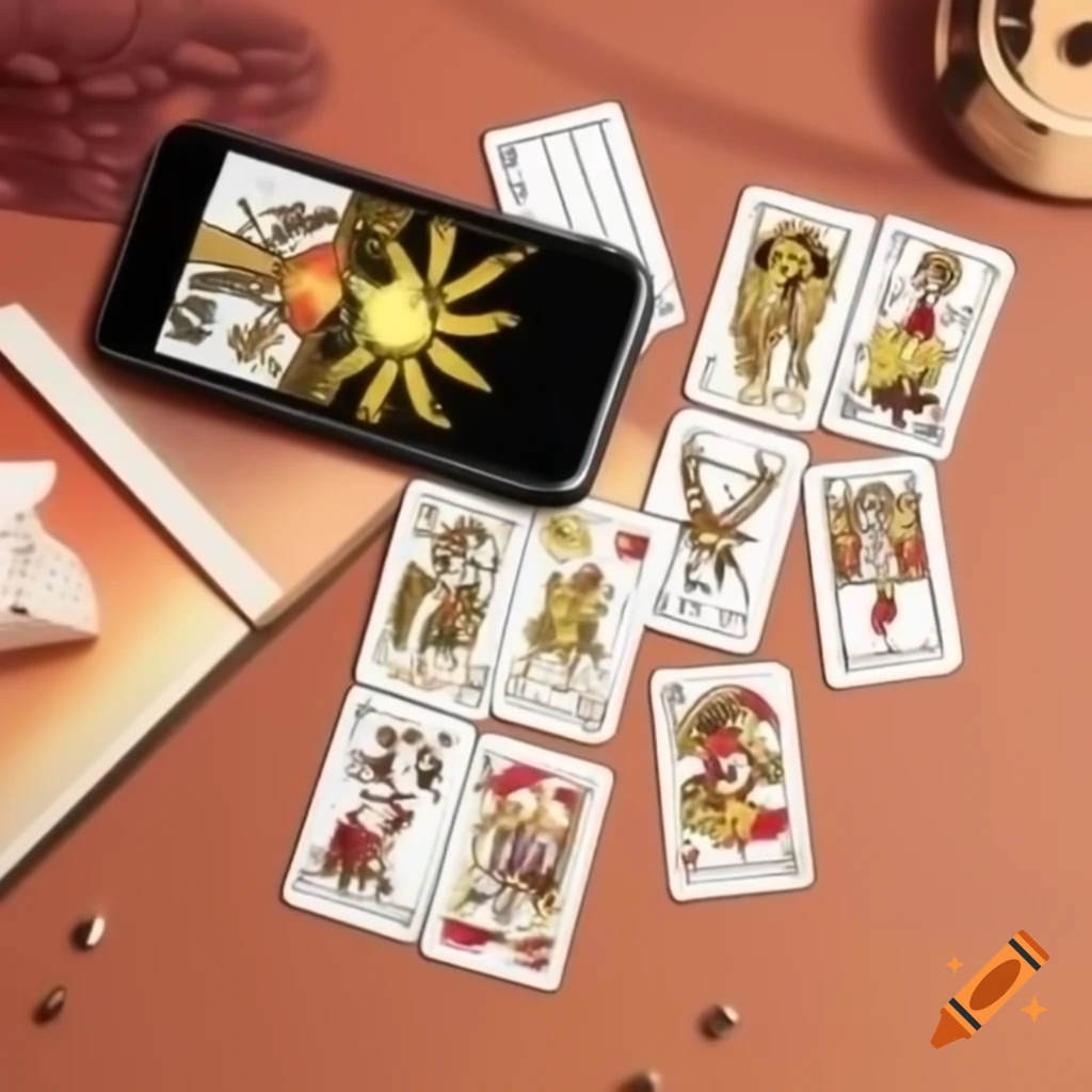 Anime style tarot cards placed beside a cellphone