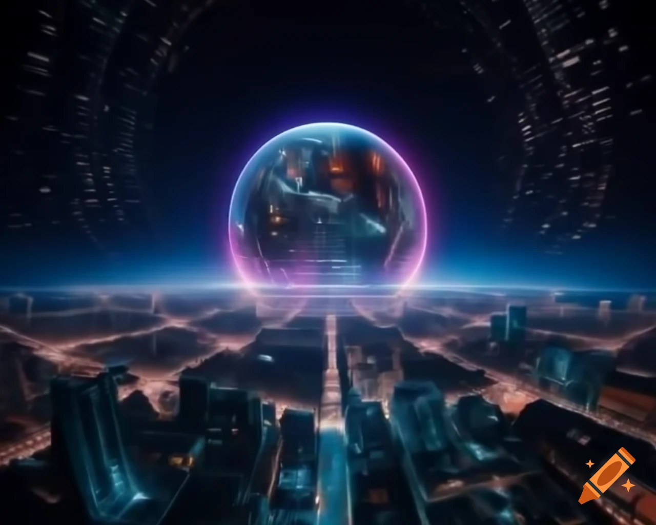 Futuristic city with shining metal buildings rising into the sky