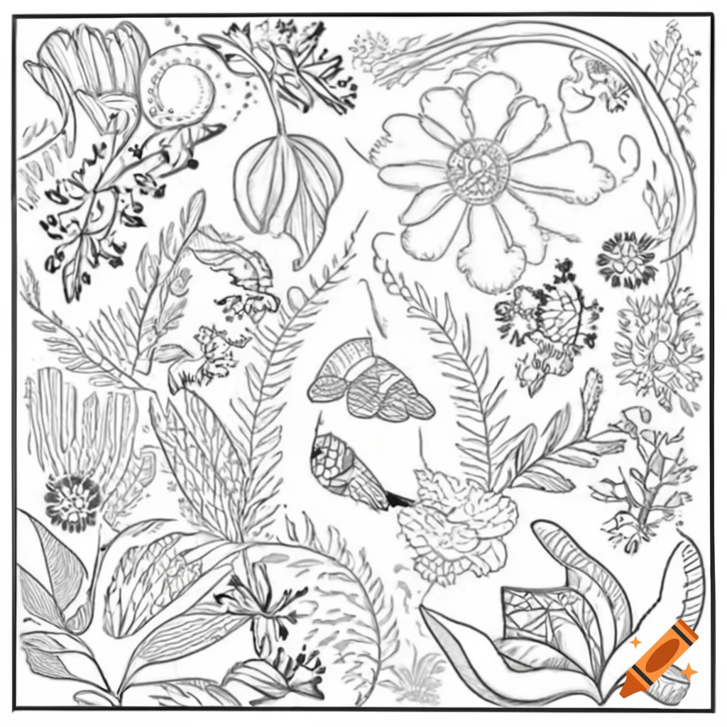 Intricate adult coloring design featuring detailed flowers and natural elements