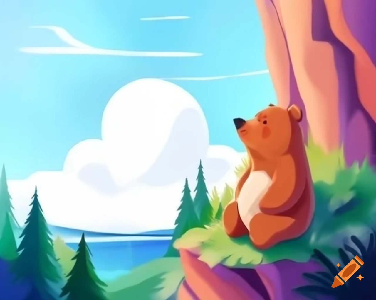Cute grizzly bear on cliff with scenic background