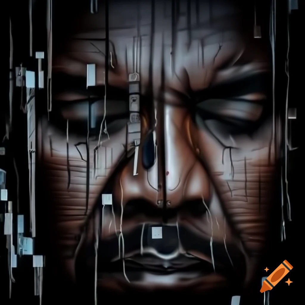 Digitized cascade of tears on fragmented pixelated face representing technology and humanity