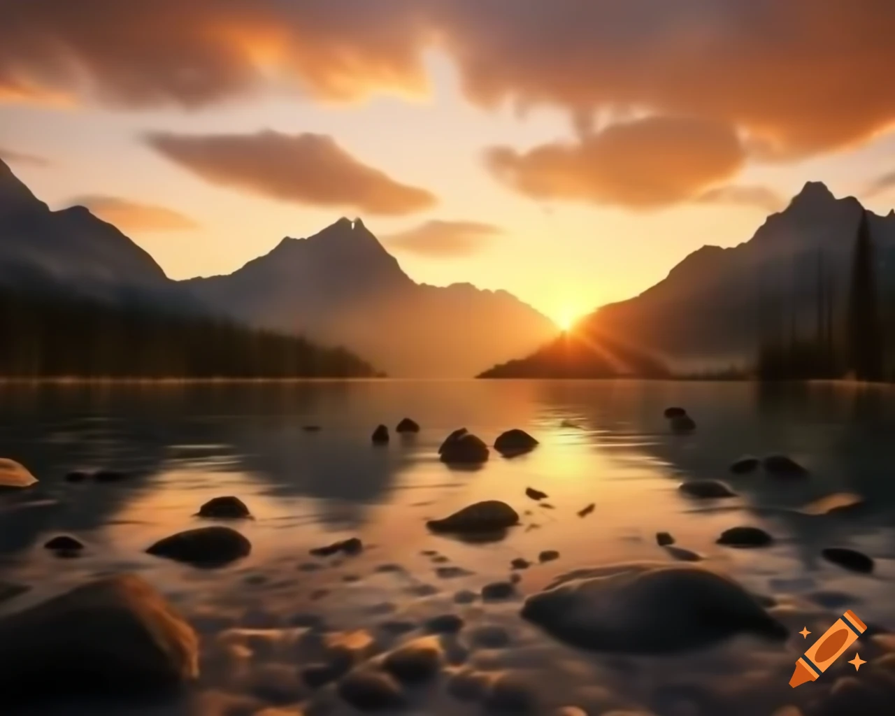 Photorealistic 3D render of mountain lake at sunset with rays of sunlight
