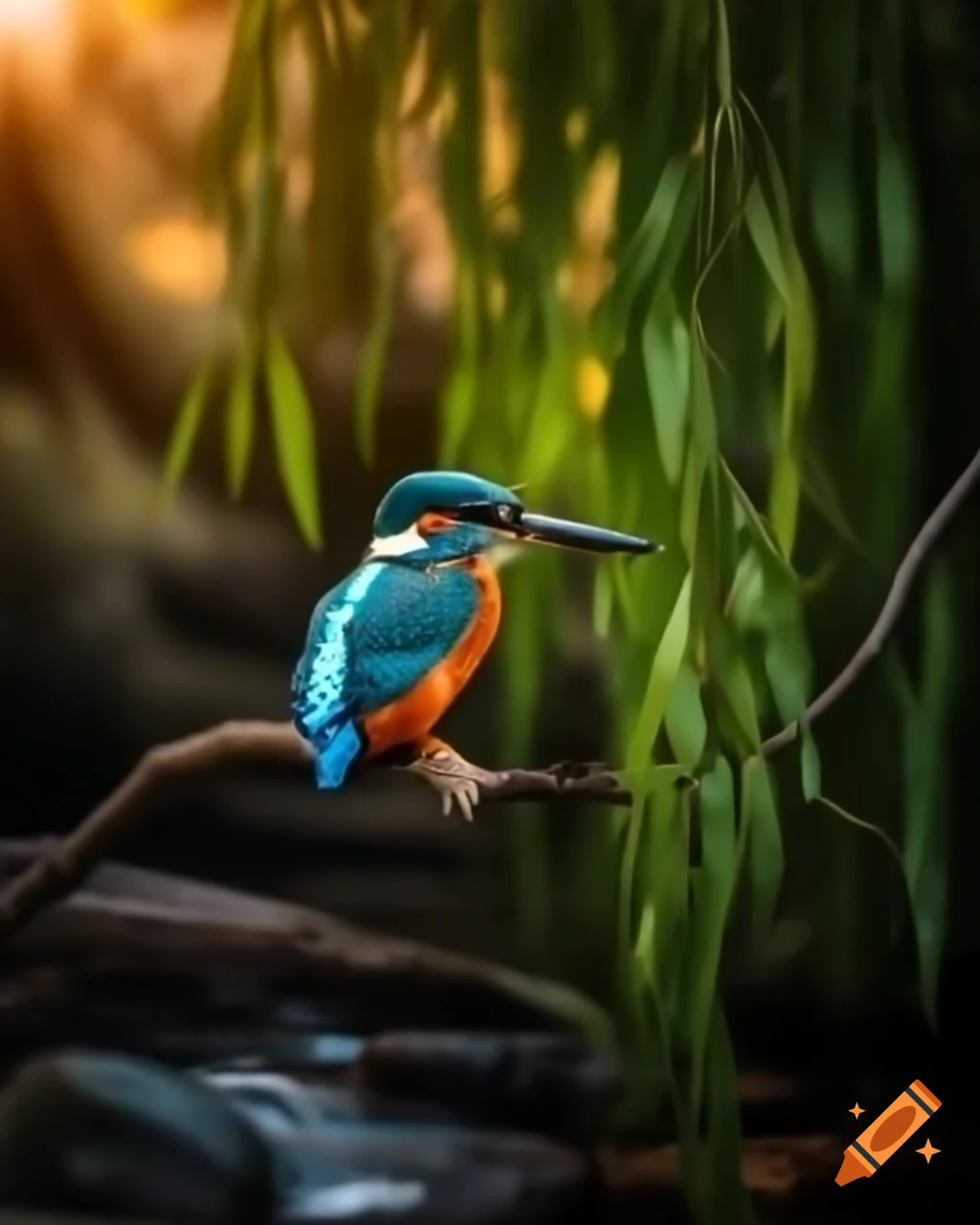 Kingfisher on willow branches over stream in warm morning light