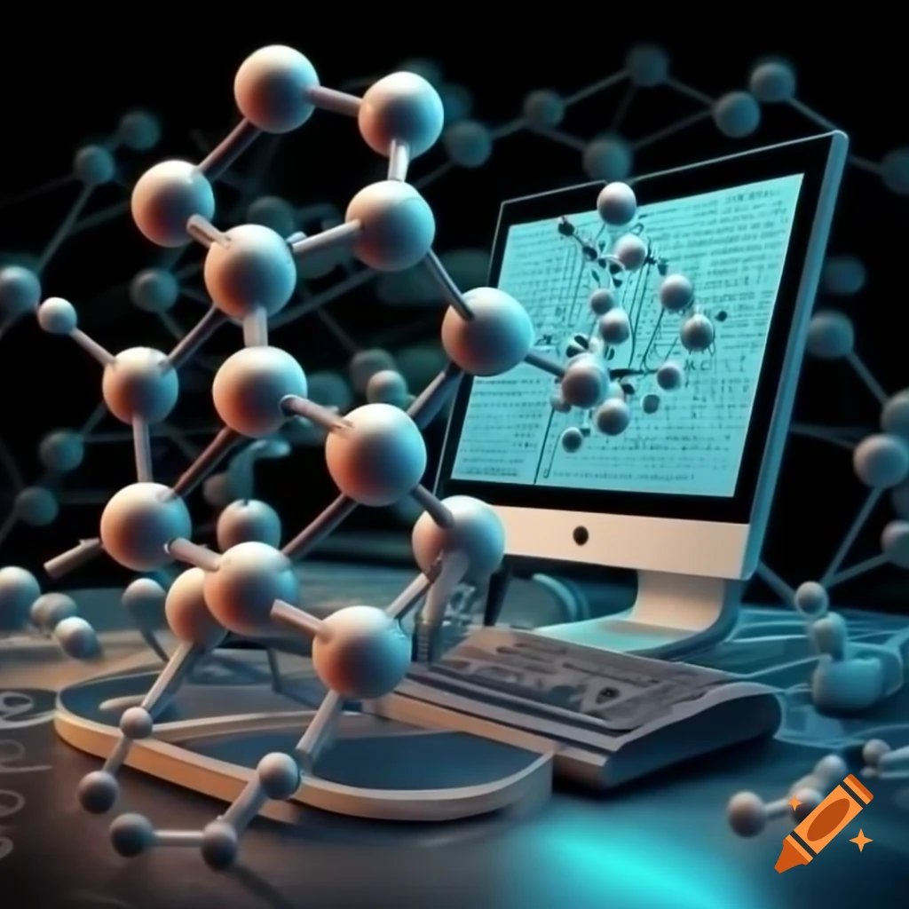 Computational organic chemistry lab with 3D molecular model on computer screen