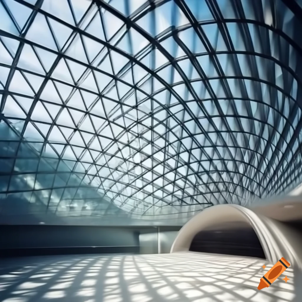 Museum with glass dome ceiling and sandy floor, realistic style